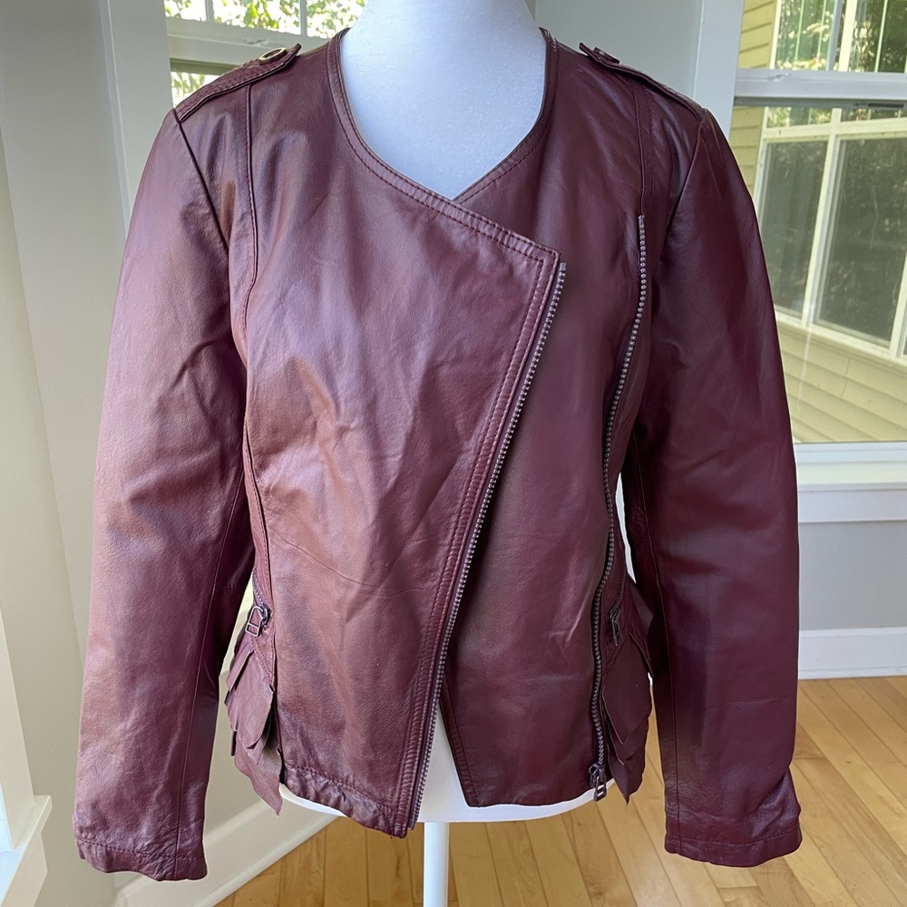 Vintage Y2K Moda International Oxblood Burgundy Leather Peplum Moto Jacket XS